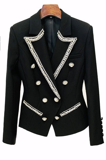 Fasjonable Diamond Beaded Double Breasted Slim Women Blazer